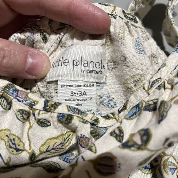 Little Planet Carters Cream Blue Green Floral Strappy Dress Linen Blend Girls 3T - Picture 6 of 9